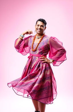 A man confidently wearing a stylish women's outfit, complete with a vibrant dress, accessories, and makeup, standing against a soft pink background