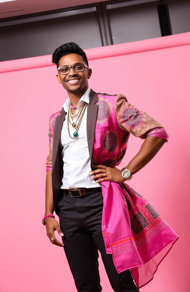 A man confidently wearing a stylish women's outfit, complete with a vibrant dress, accessories, and makeup, standing against a soft pink background