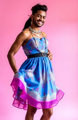 A man confidently wearing a stylish women's outfit, complete with a vibrant dress, accessories, and makeup, standing against a soft pink background