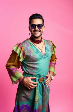 A man confidently wearing a stylish women's outfit, complete with a vibrant dress, accessories, and makeup, standing against a soft pink background