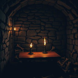 A dark dungeon interior featuring a stone wall background, with intricate textures and shadows that convey an eerie atmosphere