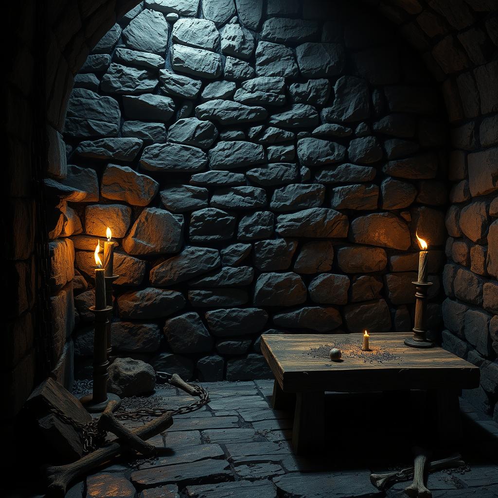 A dark dungeon interior featuring a stone wall background, with intricate textures and shadows that convey an eerie atmosphere