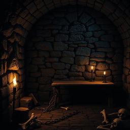 A dark dungeon interior featuring a stone wall background, with intricate textures and shadows that convey an eerie atmosphere