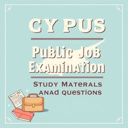 A book cover design for 'Cyprus Public Job Examination Study Materials and Questions', featuring a pastel blue theme complemented by a retro design style