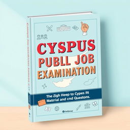 A book cover design for 'Cyprus Public Job Examination Study Materials and Questions', featuring a pastel blue theme complemented by a retro design style