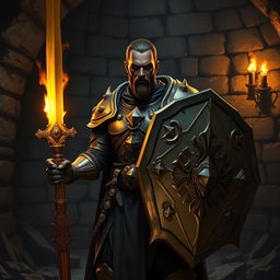A dark-skinned human paladin stands confidently in a dark dungeon, showcasing a striking golden shield and an ornate sword that reflects the torches' flickering light