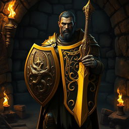 A dark-skinned human paladin stands confidently in a dark dungeon, showcasing a striking golden shield and an ornate sword that reflects the torches' flickering light