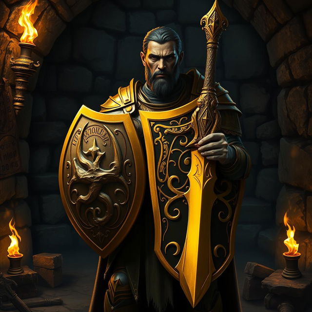 A dark-skinned human paladin stands confidently in a dark dungeon, showcasing a striking golden shield and an ornate sword that reflects the torches' flickering light