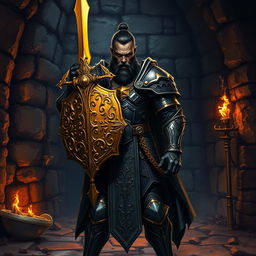 A dark-skinned human paladin stands confidently in a dark dungeon, showcasing a striking golden shield and an ornate sword that reflects the torches' flickering light