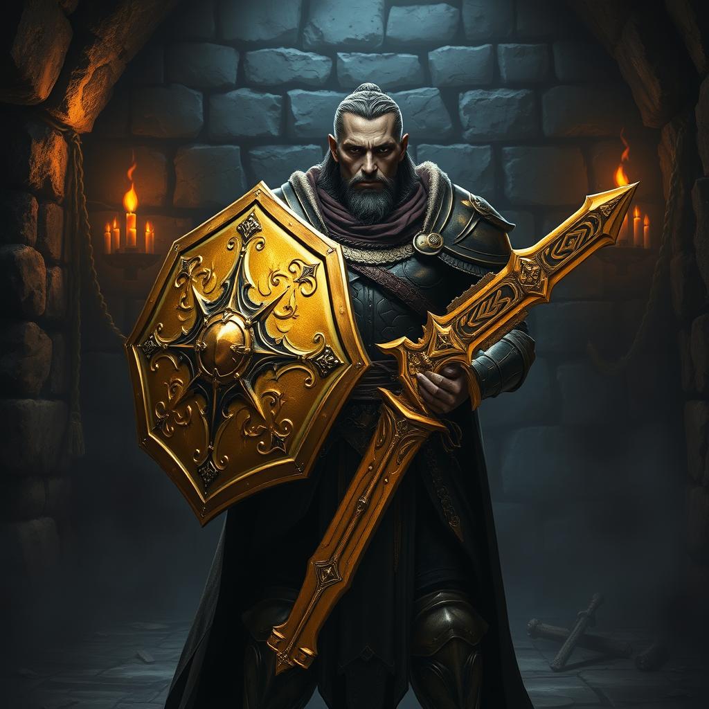 A dark-skinned human paladin stands confidently in a dark dungeon, showcasing a striking golden shield and an ornate sword that reflects the torches' flickering light