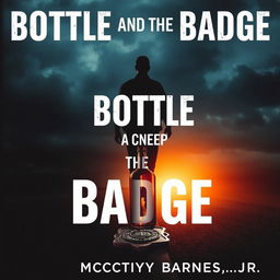 A powerful image featuring the silhouette of a police officer walking away from a broken liquor bottle, positioned at a crossroads