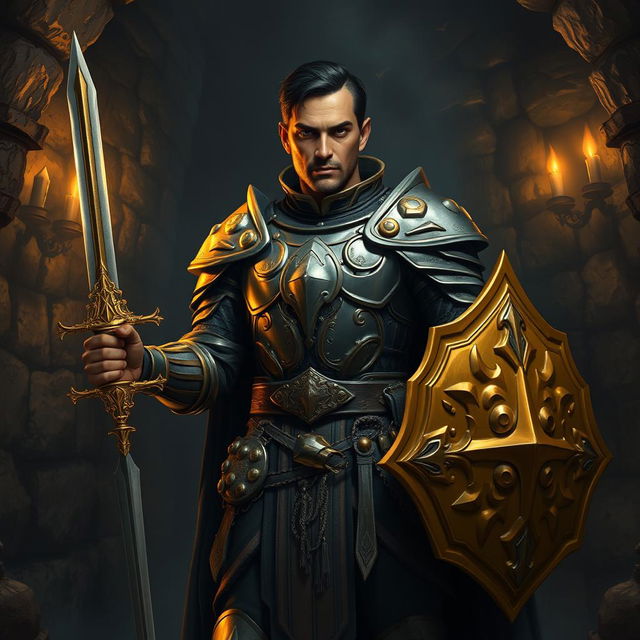 A tall, dark-skinned human paladin with short hair stands proudly in the interior of a dark dungeon