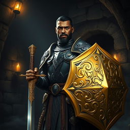 A tall, dark-skinned human paladin with short hair stands proudly in the interior of a dark dungeon