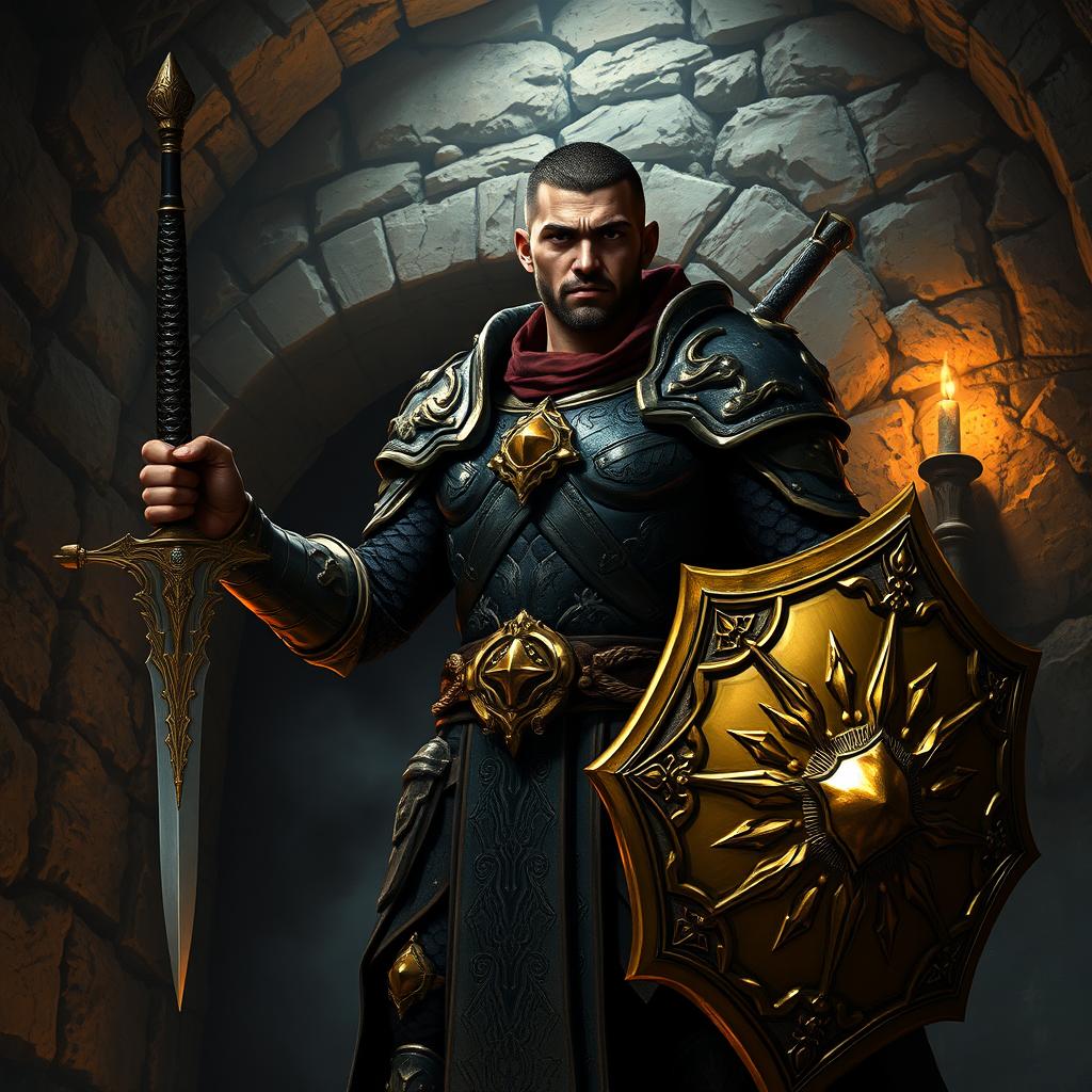 A tall, dark-skinned human paladin with short hair stands proudly in the interior of a dark dungeon