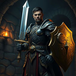A tall, dark-skinned human paladin with short hair stands proudly in the interior of a dark dungeon