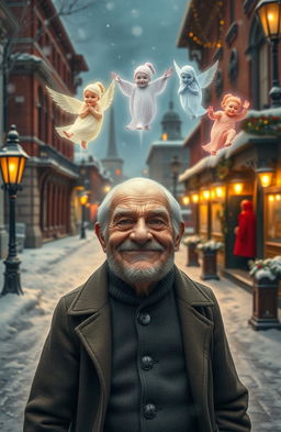A Victorian Christmas scene featuring a grumpy and ugly old man who experiences a transformation from sour to joyful through the help of three ethereal spirits