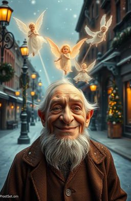 A Victorian Christmas scene featuring a grumpy and ugly old man who experiences a transformation from sour to joyful through the help of three ethereal spirits