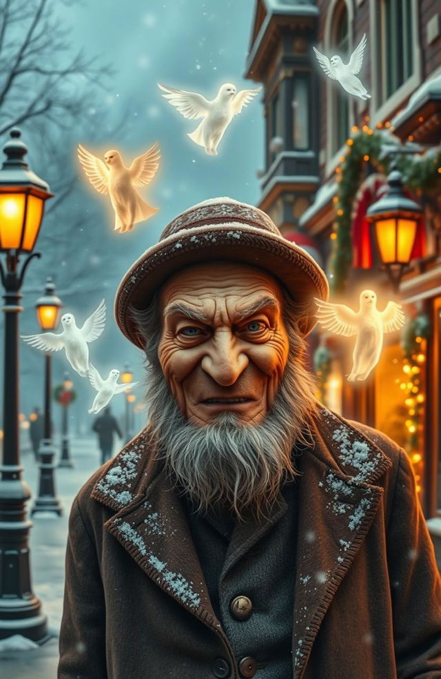 A Victorian Christmas scene featuring a grumpy and ugly old man who experiences a transformation from sour to joyful through the help of three ethereal spirits