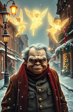 A Victorian Christmas scene featuring a grumpy and ugly old man who experiences a transformation from sour to joyful through the help of three ethereal spirits