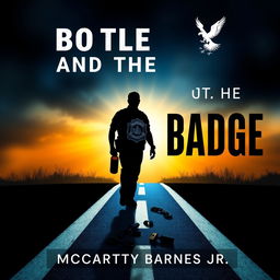 An impactful image featuring the silhouette of a police officer walking away from a broken liquor bottle at a crossroads, holding a broken badge that symbolizes a pivotal moment of transformation