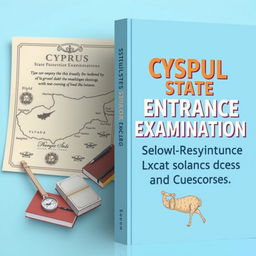 A book cover design for 'Cyprus State Entrance Examination Study Resources and Questions', featuring a pastel blue theme with a retro design