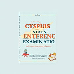 A book cover design for 'Cyprus State Entrance Examination Study Resources and Questions', featuring a pastel blue theme with a retro design