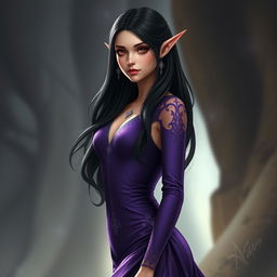 A captivating female half-elf character stands elegantly, showcasing her striking dark long hair cascading gracefully down her shoulders