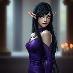 A captivating female half-elf character stands elegantly, showcasing her striking dark long hair cascading gracefully down her shoulders