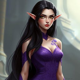 A captivating female half-elf character stands elegantly, showcasing her striking dark long hair cascading gracefully down her shoulders