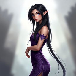 A captivating female half-elf character stands elegantly, showcasing her striking dark long hair cascading gracefully down her shoulders