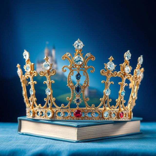 An enchanting book cover showcasing a regal queen's crown, exquisitely crafted with sparkling gemstones and delicate embellishments