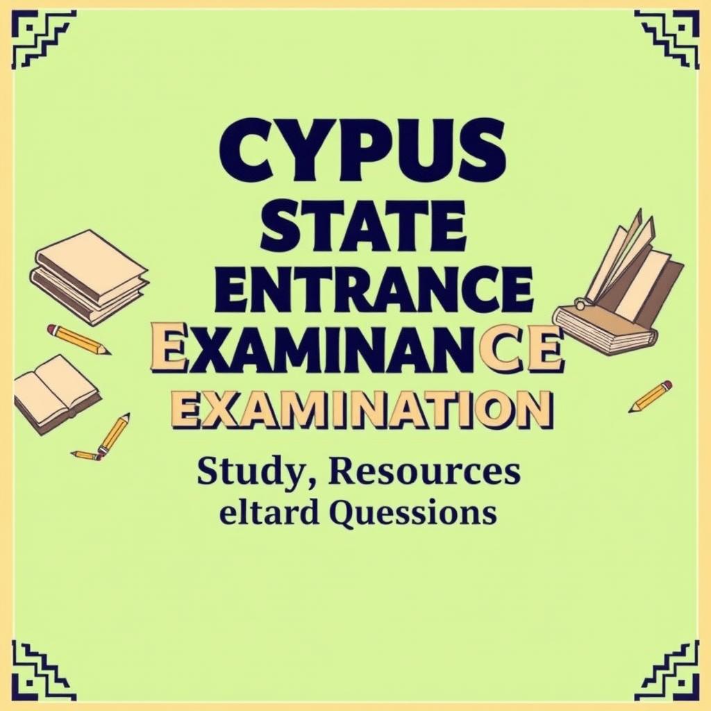 A book cover design for 'Cyprus State Entrance Examination Study Resources and Questions', featuring a pastel green theme and incorporating retro design elements