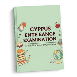 A book cover design for 'Cyprus State Entrance Examination Study Resources and Questions', featuring a pastel green theme and incorporating retro design elements