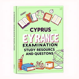 A book cover design for 'Cyprus State Entrance Examination Study Resources and Questions', featuring a pastel green theme and incorporating retro design elements