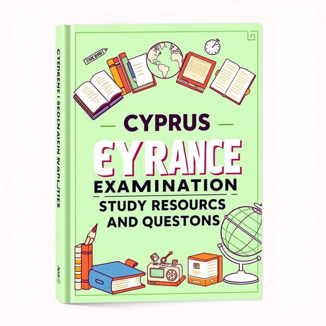 A book cover design for 'Cyprus State Entrance Examination Study Resources and Questions', featuring a pastel green theme and incorporating retro design elements