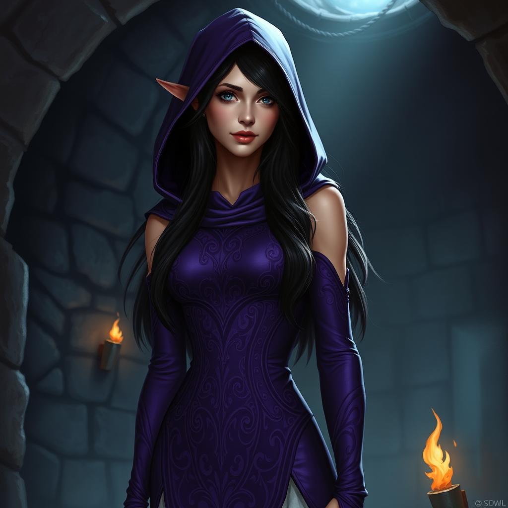 A stunning female half-elf character stands in a dark dungeon, wearing a striking purple tight dress that features a hood, adding a mysterious allure to her appearance