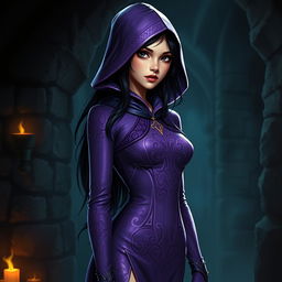 A stunning female half-elf character stands in a dark dungeon, wearing a striking purple tight dress that features a hood, adding a mysterious allure to her appearance