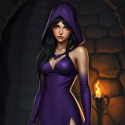 A stunning female half-elf character stands in a dark dungeon, wearing a striking purple tight dress that features a hood, adding a mysterious allure to her appearance