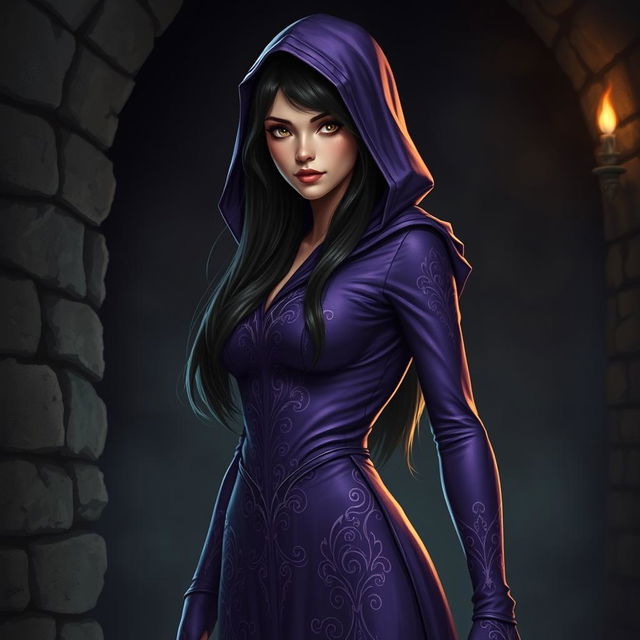 A stunning female half-elf character stands in a dark dungeon, wearing a striking purple tight dress that features a hood, adding a mysterious allure to her appearance