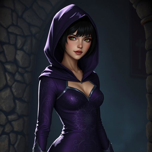 A captivating female half-elf character stands in a dimly lit dungeon, wearing a striking purple tight dress that features a hood, adding a touch of mystery to her appearance