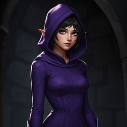 A captivating female half-elf character stands in a dimly lit dungeon, wearing a striking purple tight dress that features a hood, adding a touch of mystery to her appearance