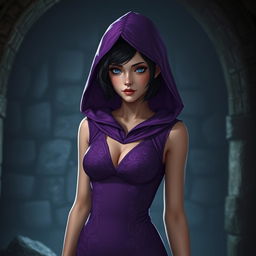 A captivating female half-elf character stands in a dimly lit dungeon, wearing a striking purple tight dress that features a hood, adding a touch of mystery to her appearance