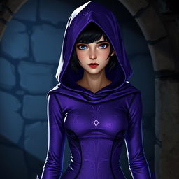 A captivating female half-elf character stands in a dimly lit dungeon, wearing a striking purple tight dress that features a hood, adding a touch of mystery to her appearance