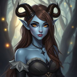 A strikingly beautiful tiefling character with pale blue skin and stunning brown hair