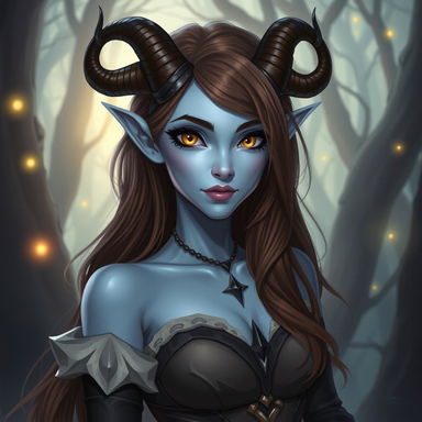 A strikingly beautiful tiefling character with pale blue skin and stunning brown hair