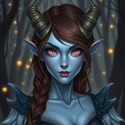 A strikingly beautiful tiefling character with pale blue skin and stunning brown hair