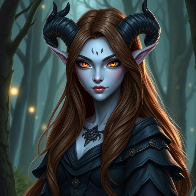 A strikingly beautiful tiefling character with pale blue skin and stunning brown hair