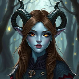 A strikingly beautiful tiefling character with pale blue skin and stunning brown hair