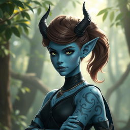 A stunning pale blue tiefling character with beautifully styled brown hair, striking features that include elegant horns protruding from the forehead, captivating glowing eyes, and a well-fitted outfit that complements their unique skin tone