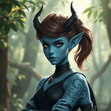 A stunning pale blue tiefling character with beautifully styled brown hair, striking features that include elegant horns protruding from the forehead, captivating glowing eyes, and a well-fitted outfit that complements their unique skin tone